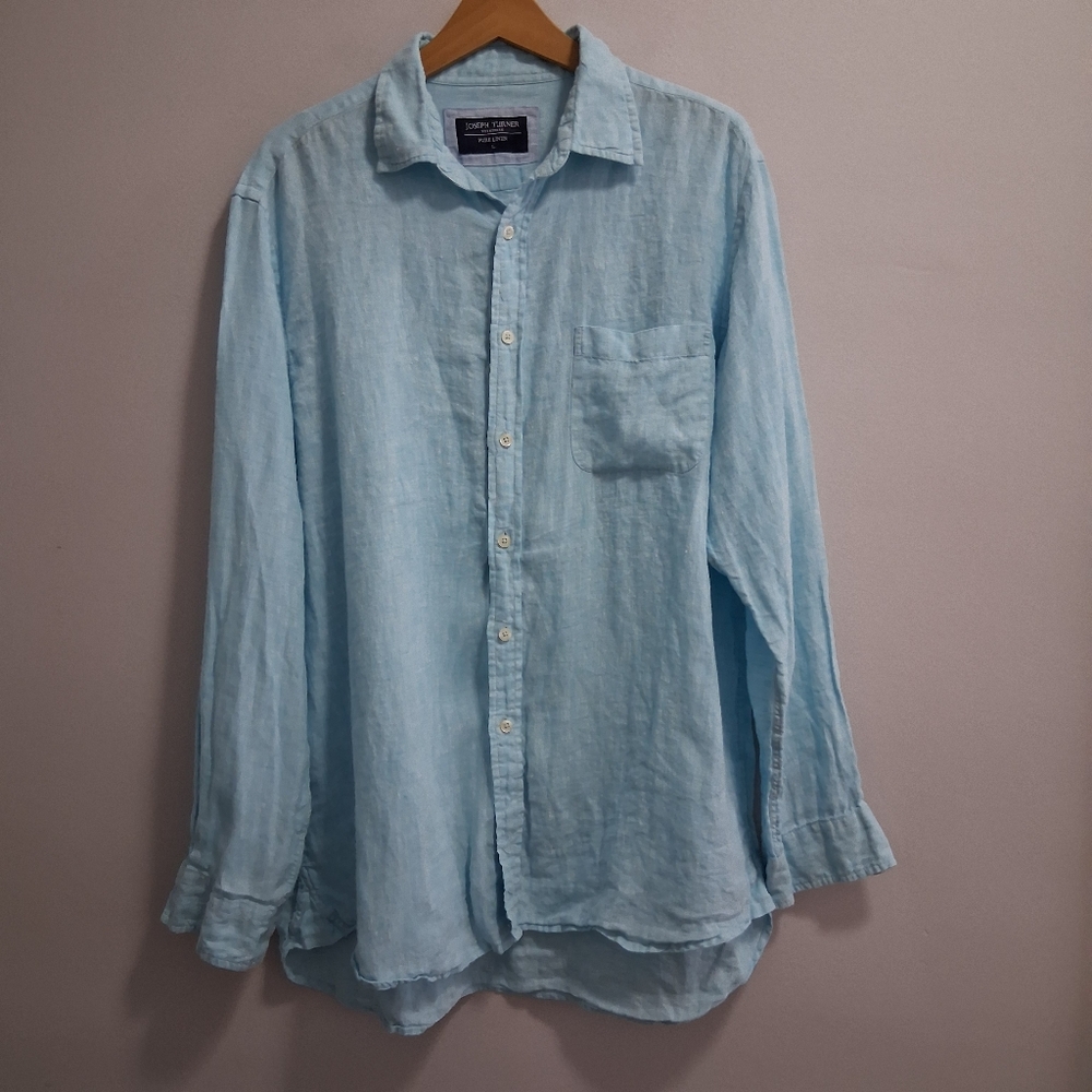Joseph Turner Yorkshire Mens Pure Linen Turquoise Blue Button Down Shirt Large